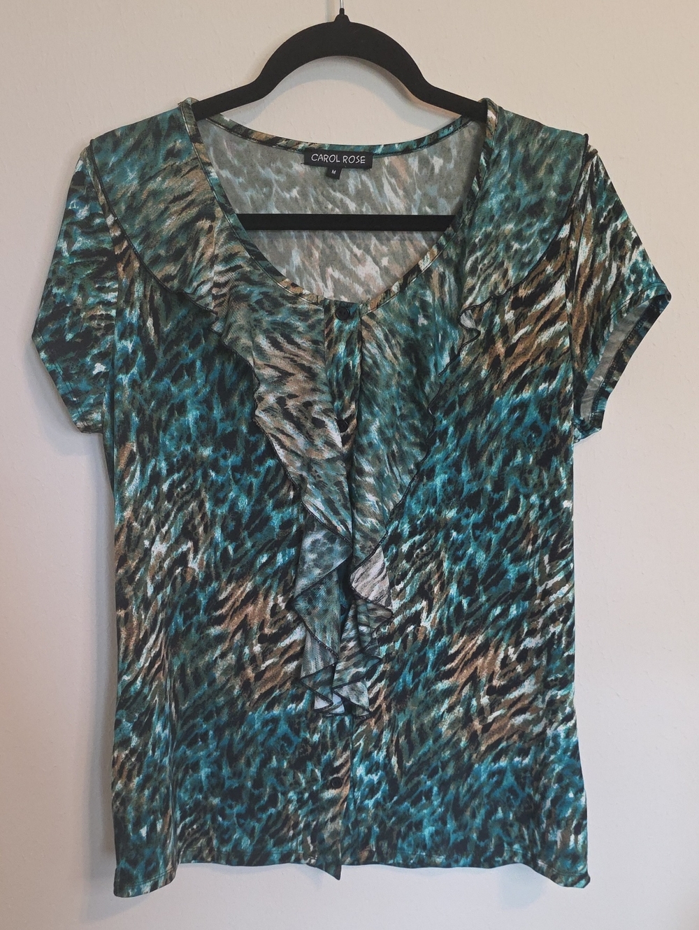 Carol Rose Teal, Brown & Black Animal-Print Ruffle Front Blouse